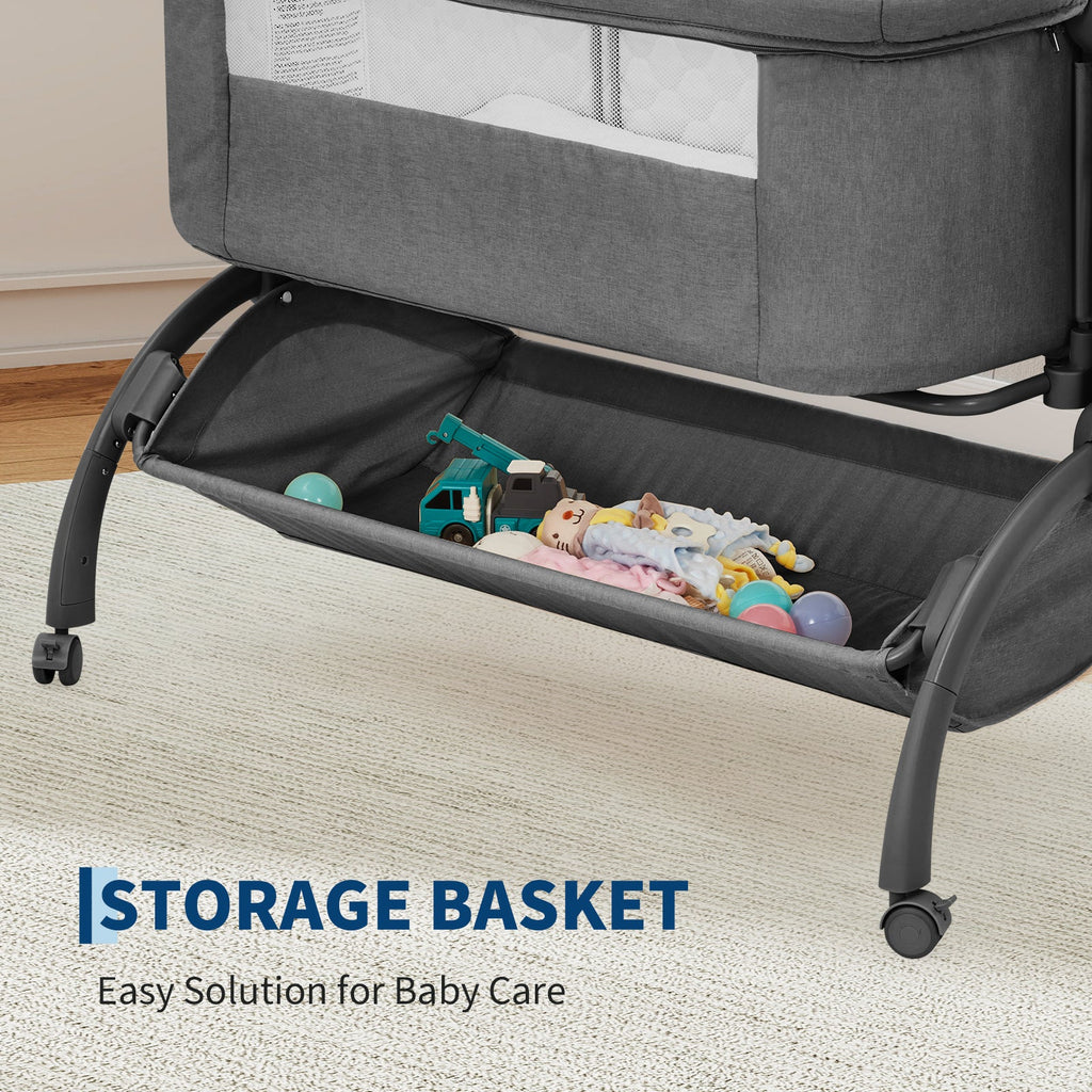 3-in-1 Adjustable Bedside Baby Bassinet Dark Grey with Mesh and Wheels