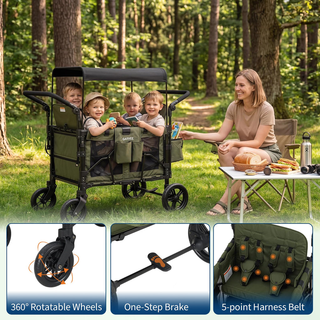 4 Seater Stroller Wagon All-Terrain Green with Safety Harness and Canopy