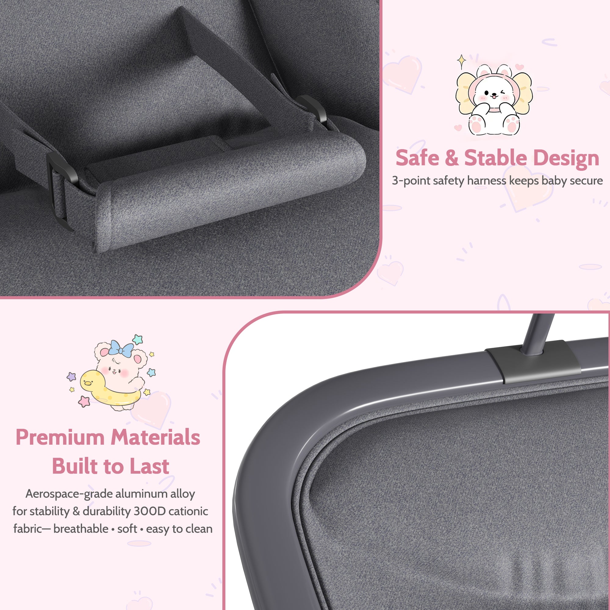 Aluminum Frame Baby Swing with Adjustable 3-Position Design Grey