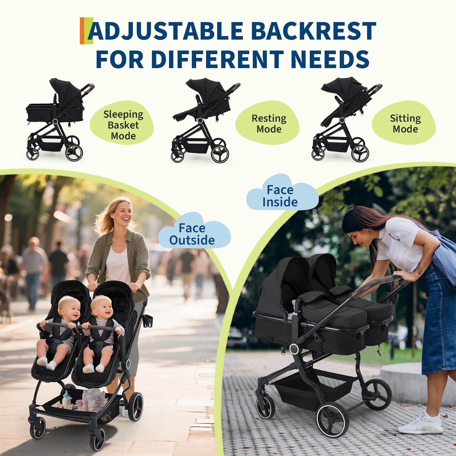 Foldable Double Baby Stroller with Adjustable Recline Canopy Black