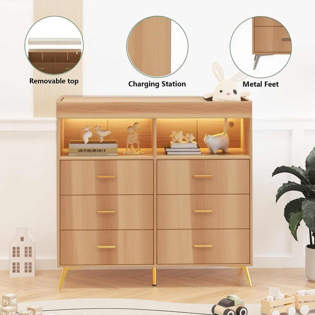 Modern Baby Changing Table Dresser with 6 Drawers and LED Lights GainNo