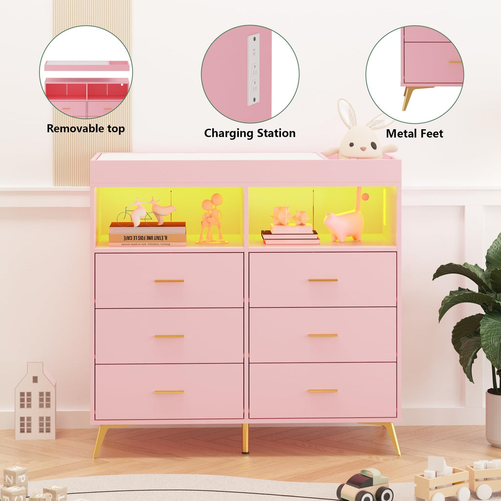 6-Drawer Baby Dresser with LED Lights and Changing Table Top Pink