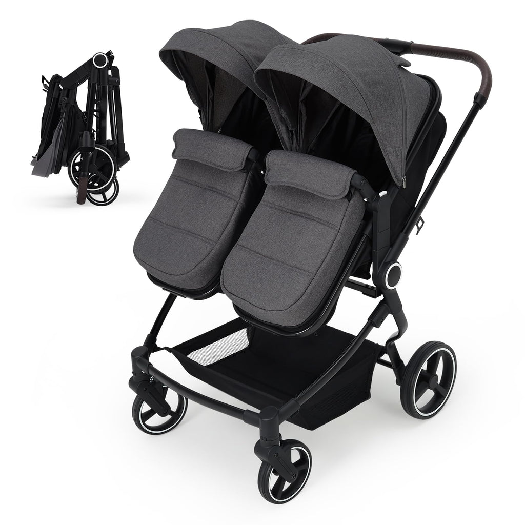 Foldable Double Baby Stroller with Adjustable Canopy Dark Grey GainNo