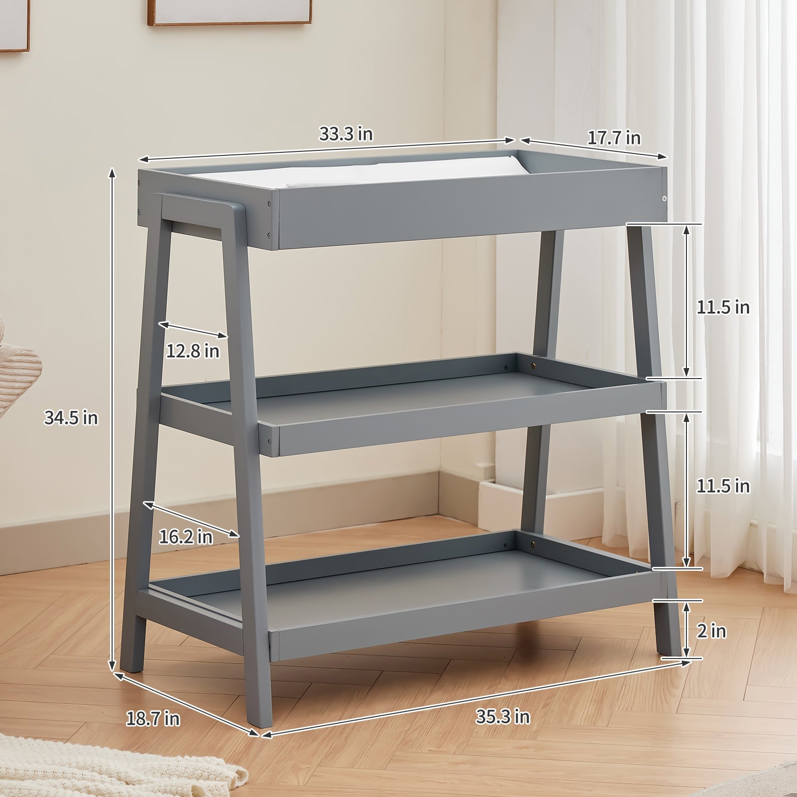 Wooden Baby Changing Table with Waterproof Pad Grey