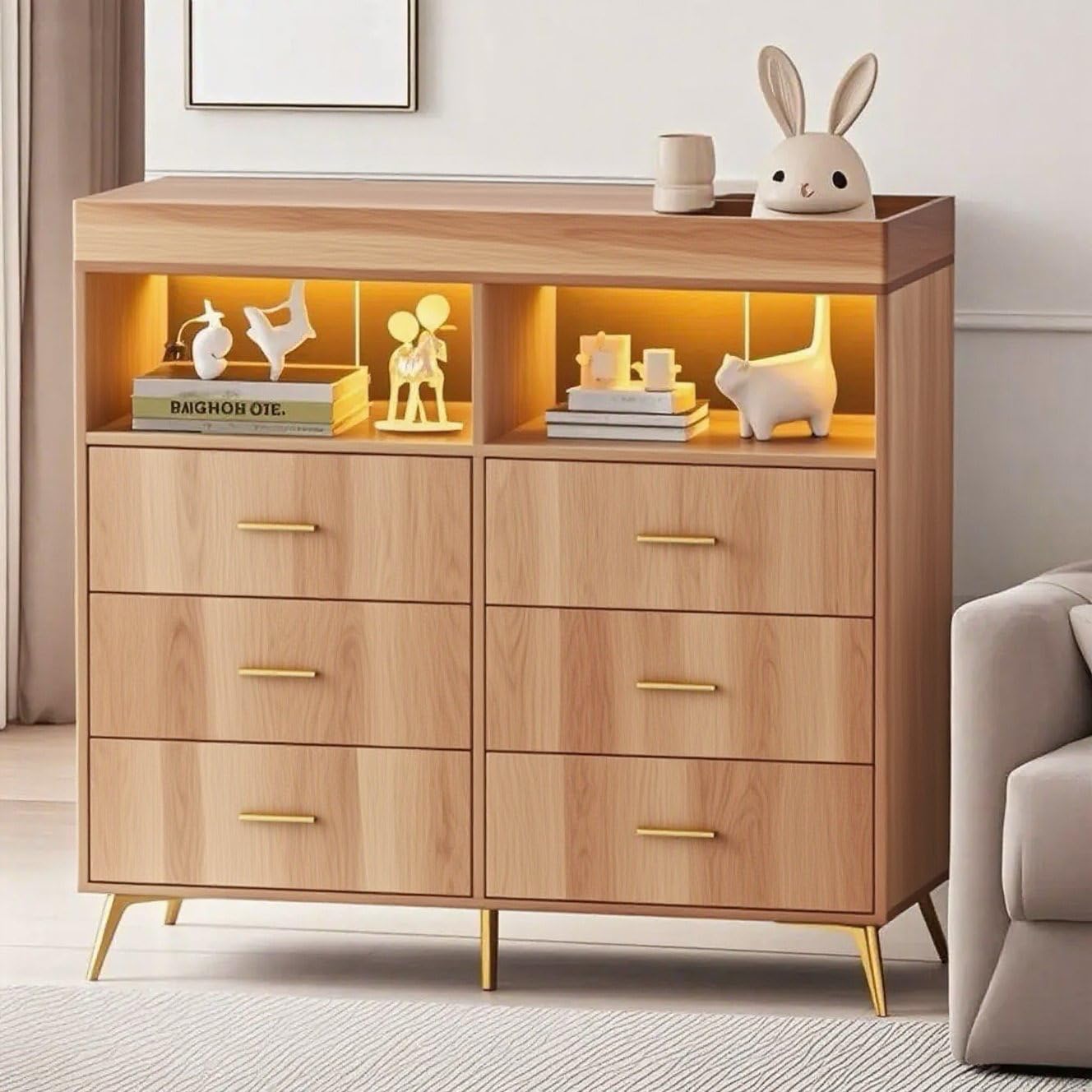 Modern Baby Changing Table Dresser with 6 Drawers and LED Lights GainNo
