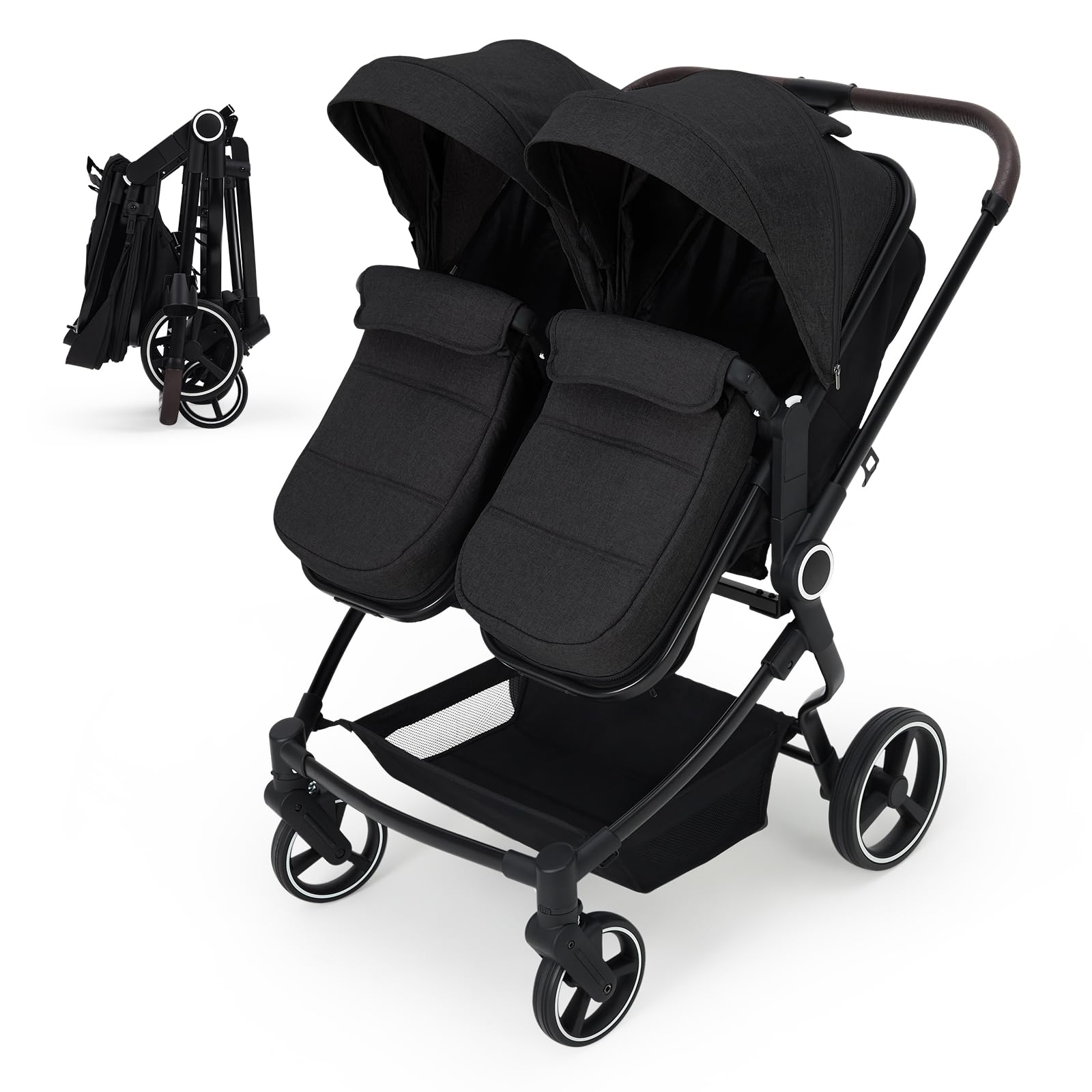 Foldable Double Baby Stroller with Adjustable Recline Canopy Black