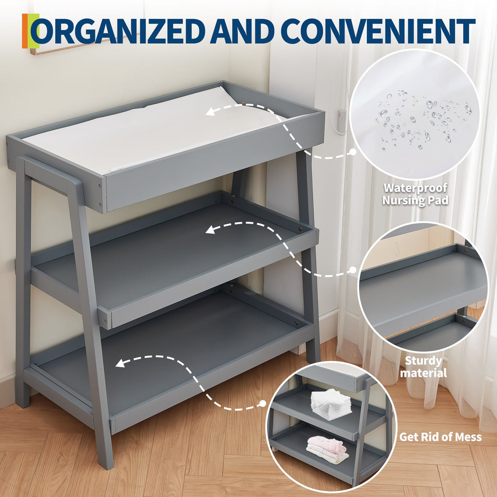 Wooden Baby Changing Table with Waterproof Pad Grey