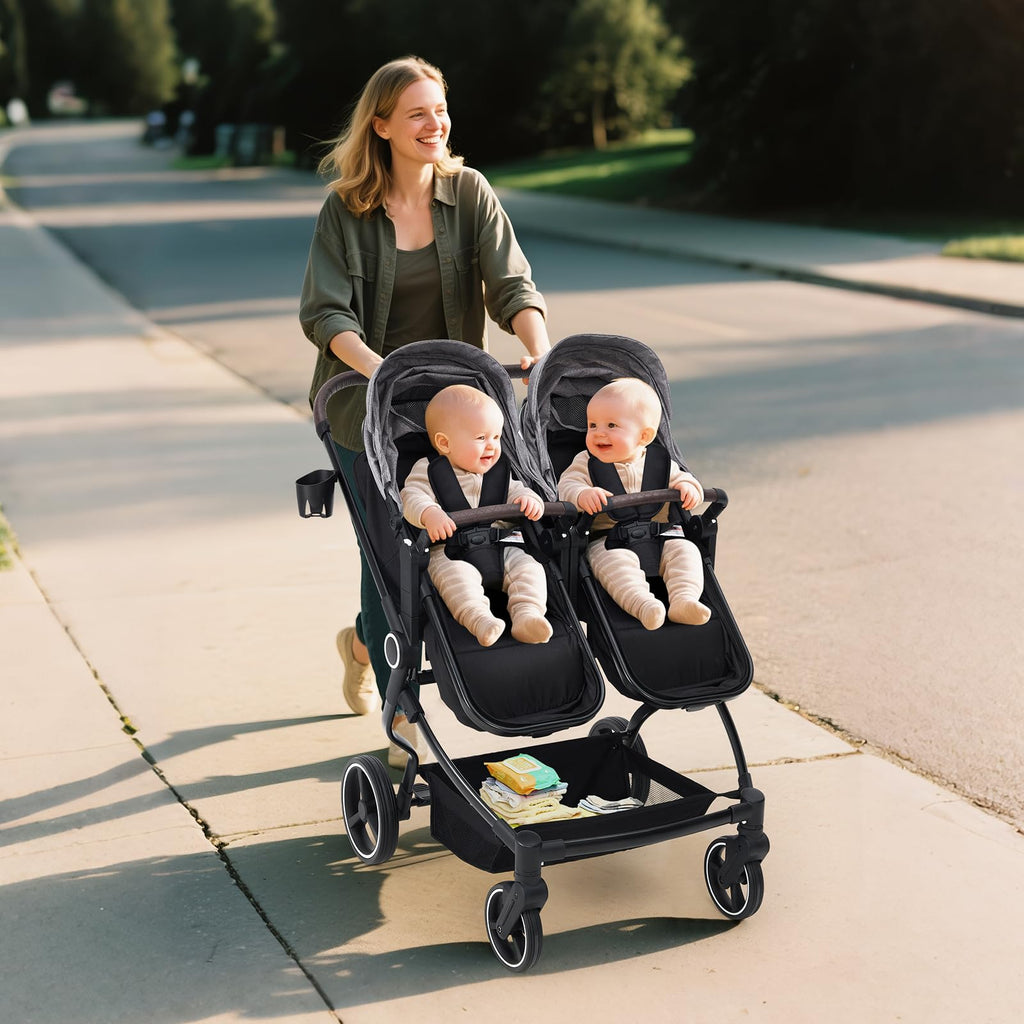 Foldable Double Baby Stroller Light Grey with Adjustable Canopy