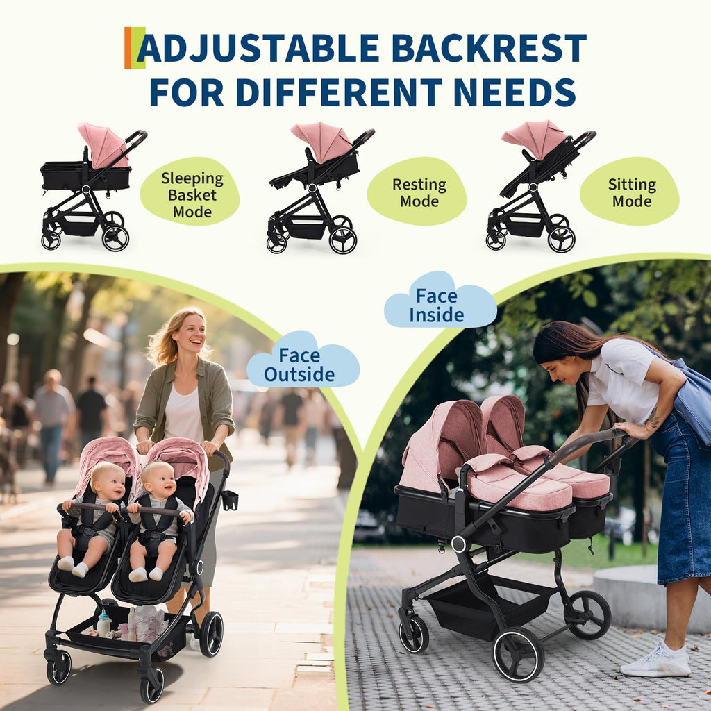 Foldable Double Baby Stroller with Adjustable Canopy Pink