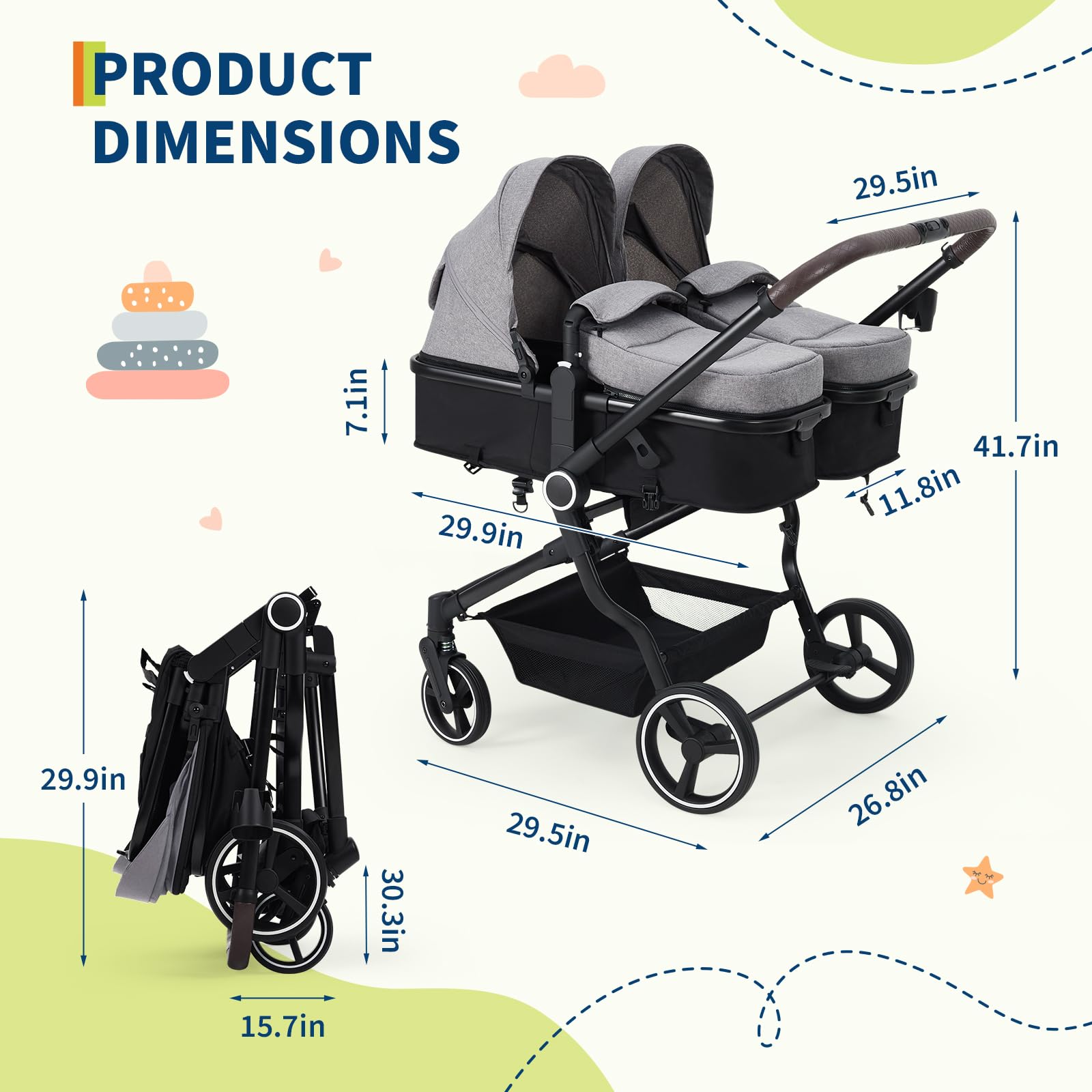 Foldable Double Baby Stroller Light Grey with Adjustable Canopy