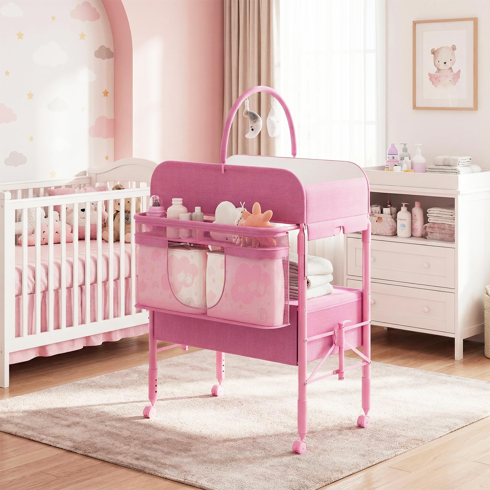 Portable Foldable Baby Changing Table with Storage Baskets Pink