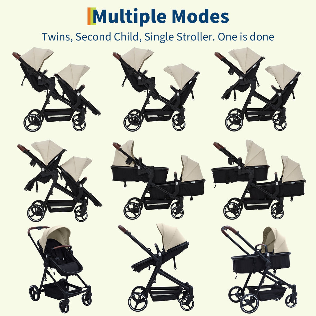 Foldable Double Baby Stroller Multi-Position Reversible Beige