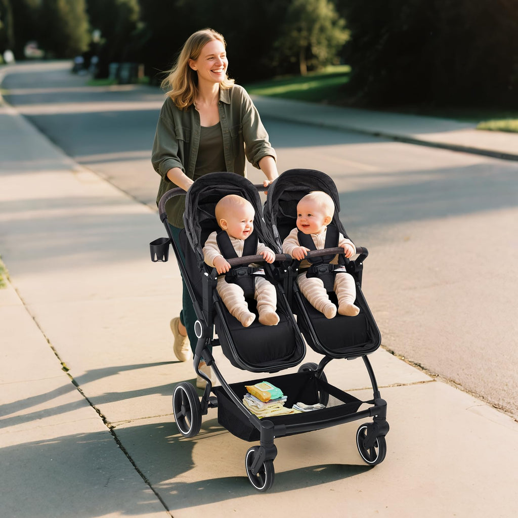 Foldable Double Baby Stroller with Adjustable Canopy Dark Grey GainNo