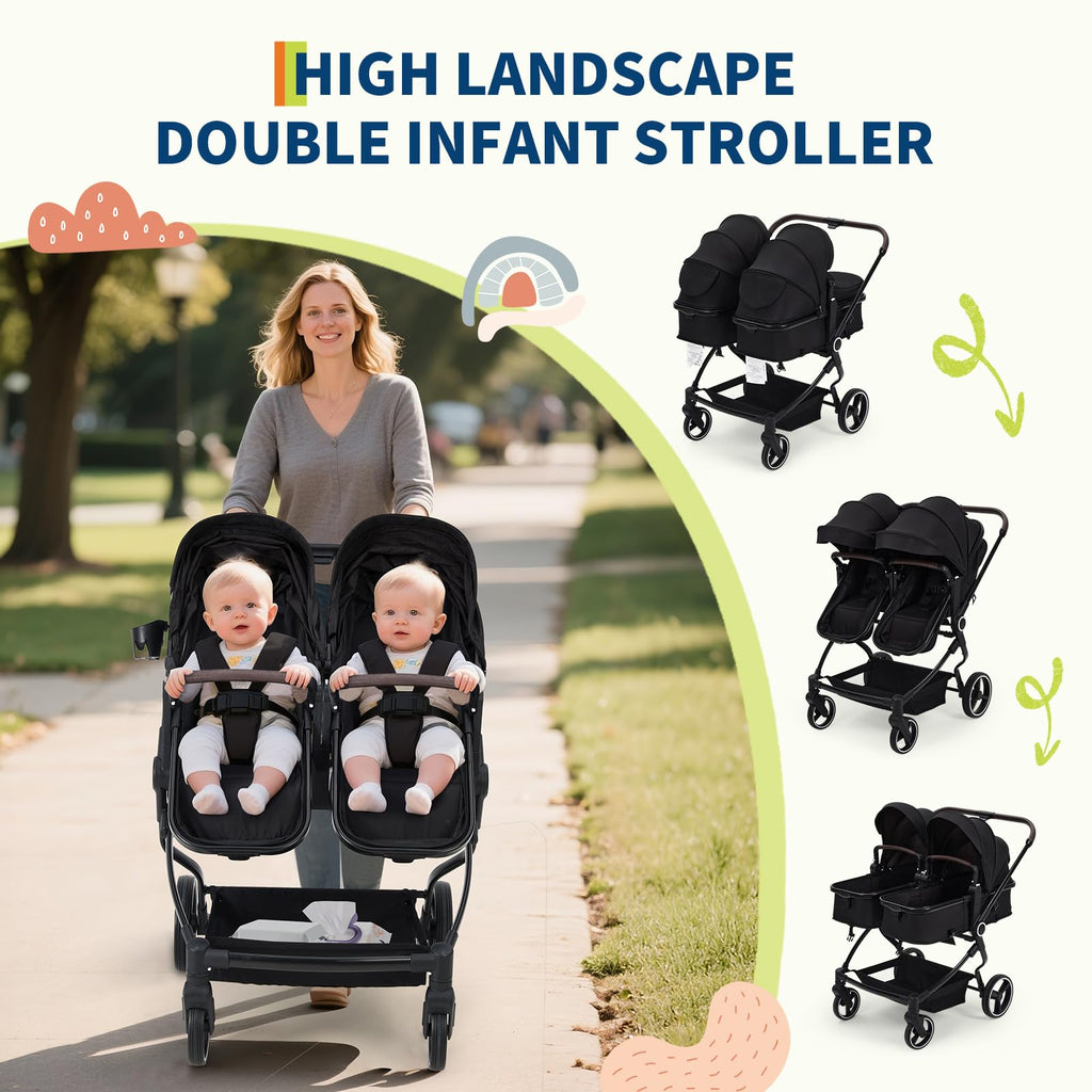 Foldable Double Baby Stroller with Adjustable Recline Canopy Black