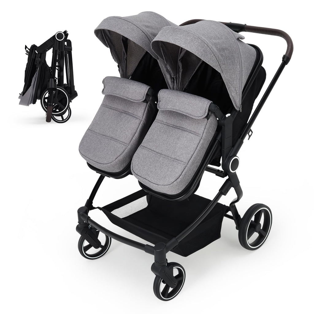 Foldable Double Baby Stroller Light Grey with Adjustable Canopy