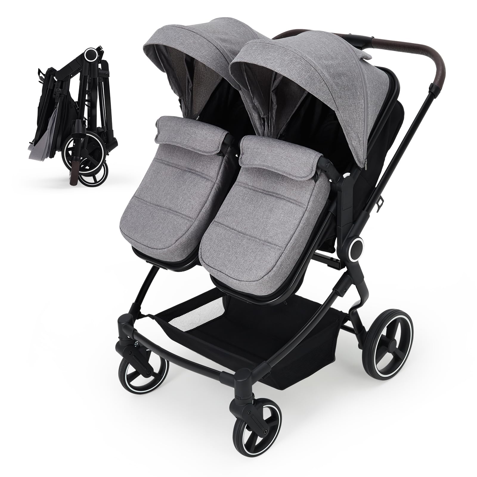 Foldable Double Baby Stroller Light Grey with Adjustable Canopy