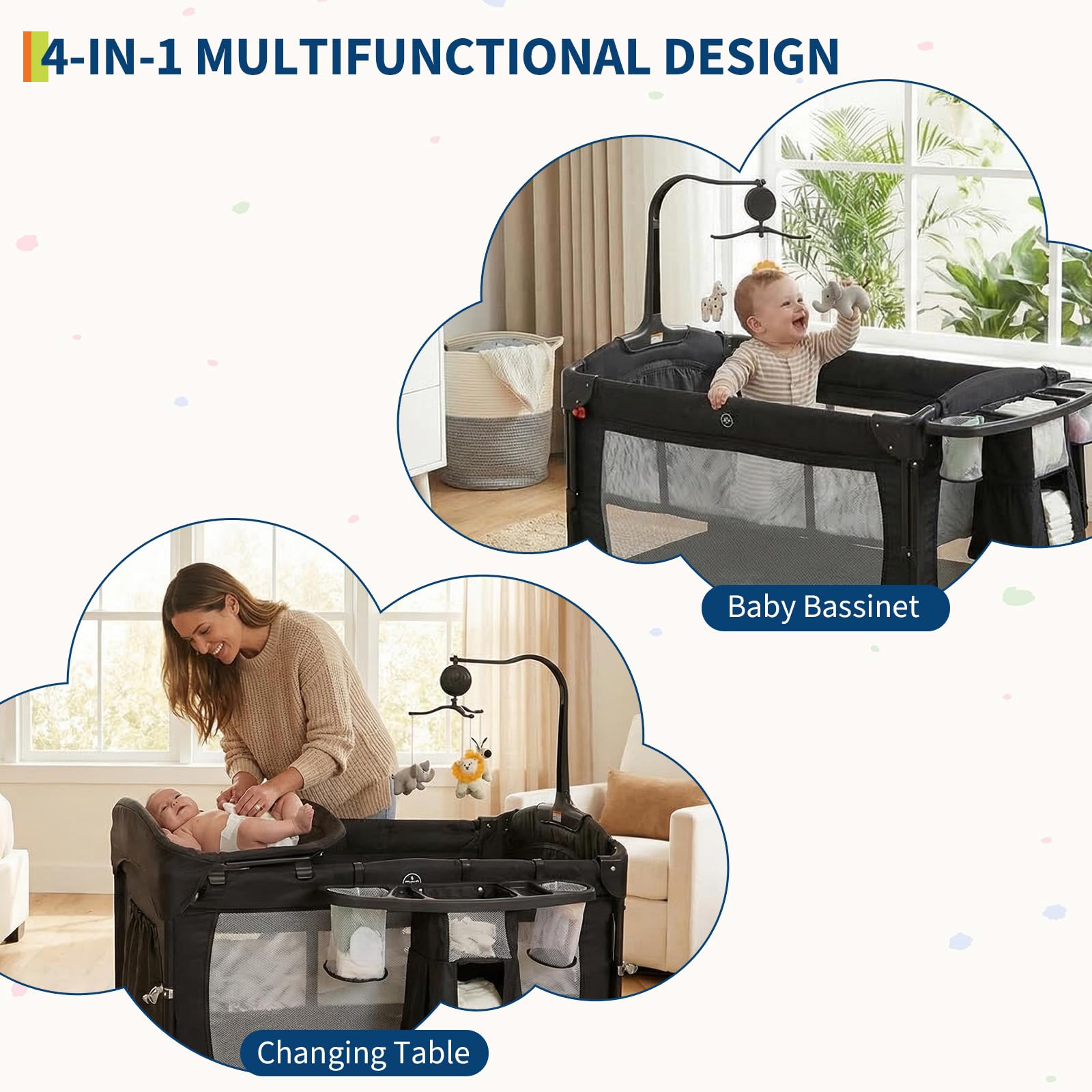 4 in 1 Baby Playard Portable Bedside Crib with Rocking Bassinet and Diaper Changer GainNo