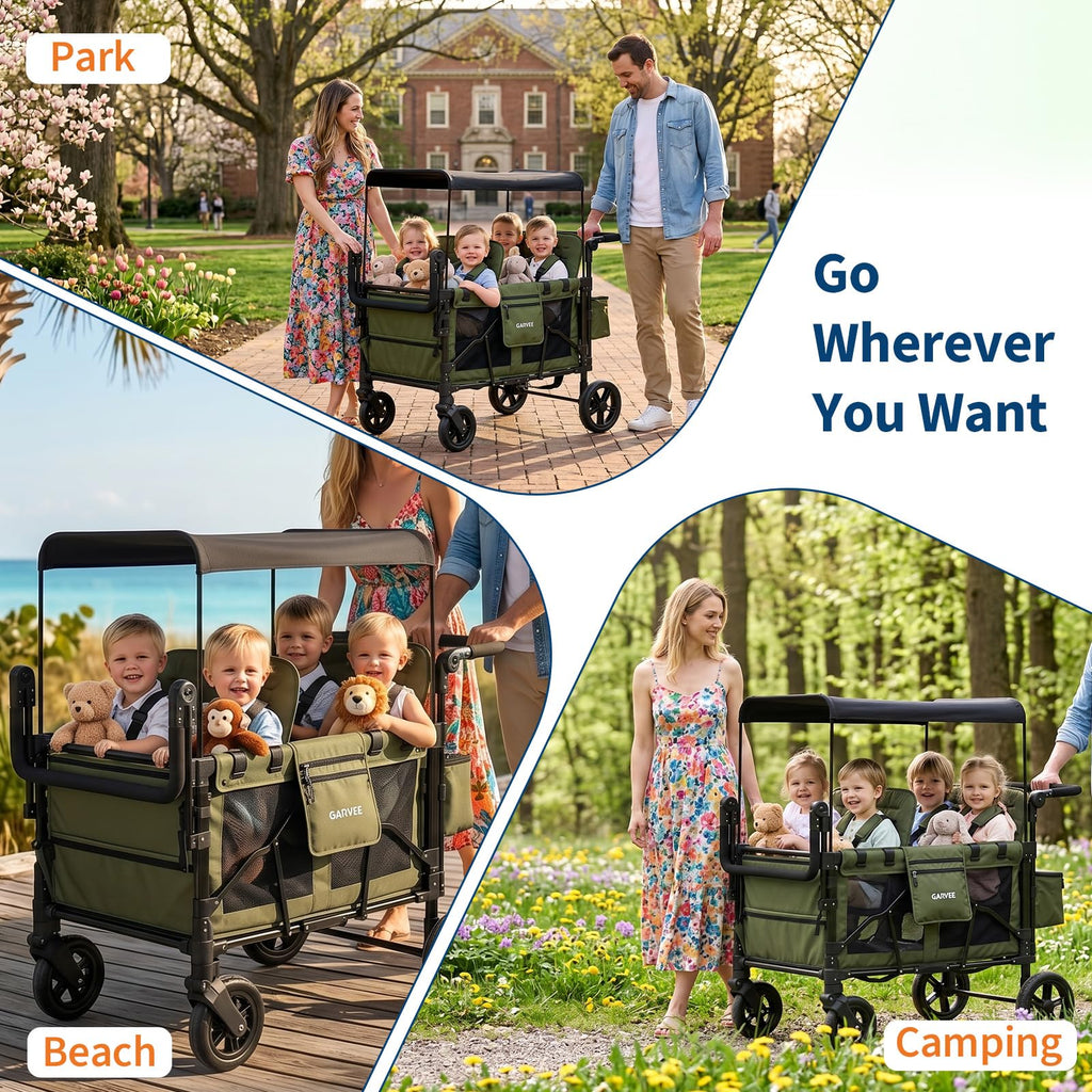 4 Seater Stroller Wagon All-Terrain Green with Safety Harness and Canopy