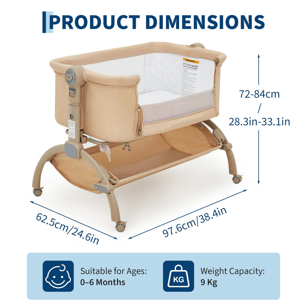 3-in-1 Adjustable Bedside Baby Bassinet with Mesh and Wheels Khaki
