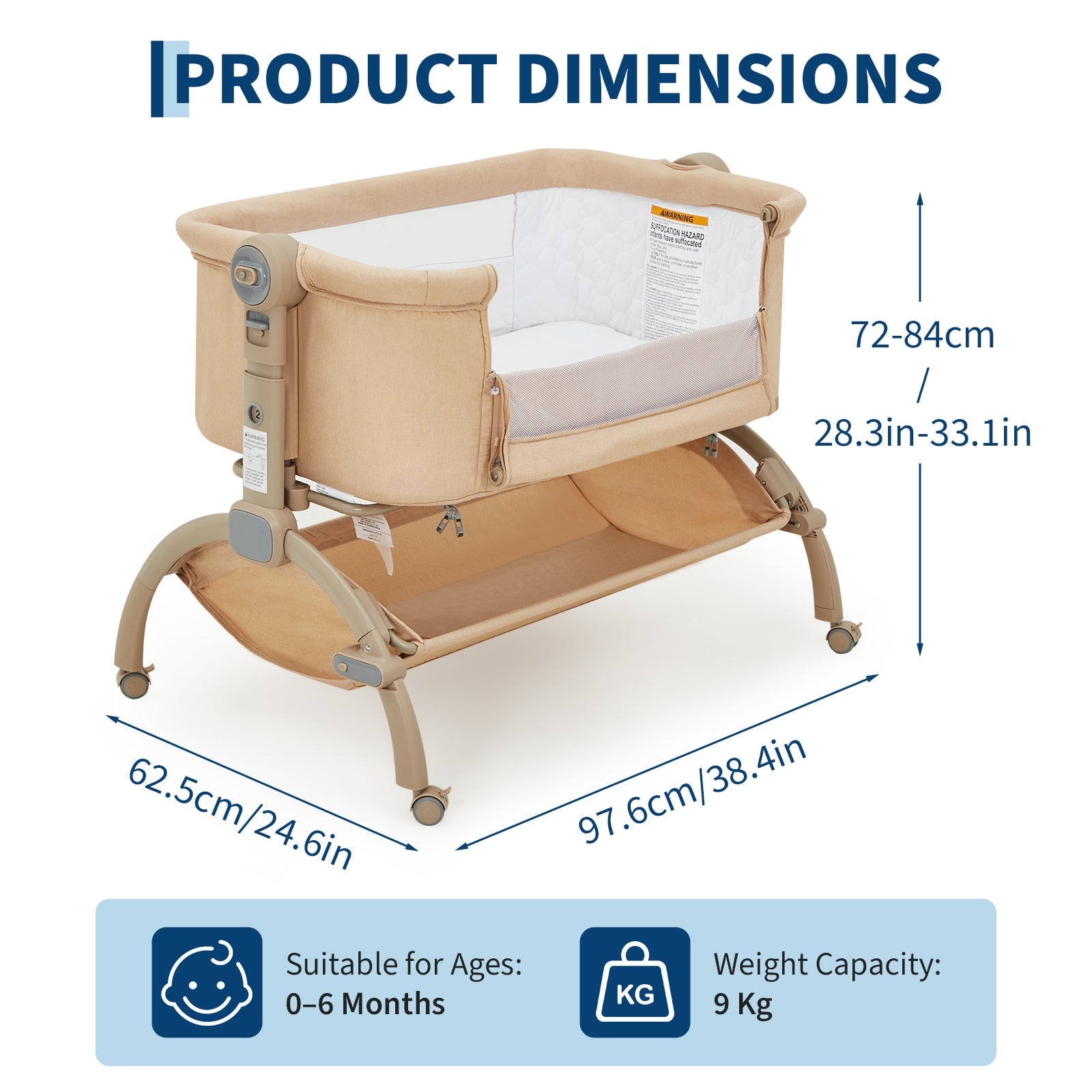 3-in-1 Adjustable Bedside Baby Bassinet with Mesh and Wheels Khaki