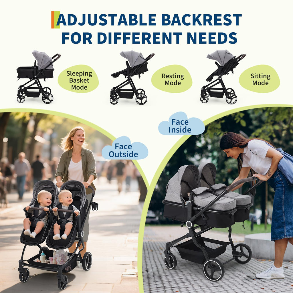 Foldable Double Baby Stroller Light Grey with Adjustable Canopy