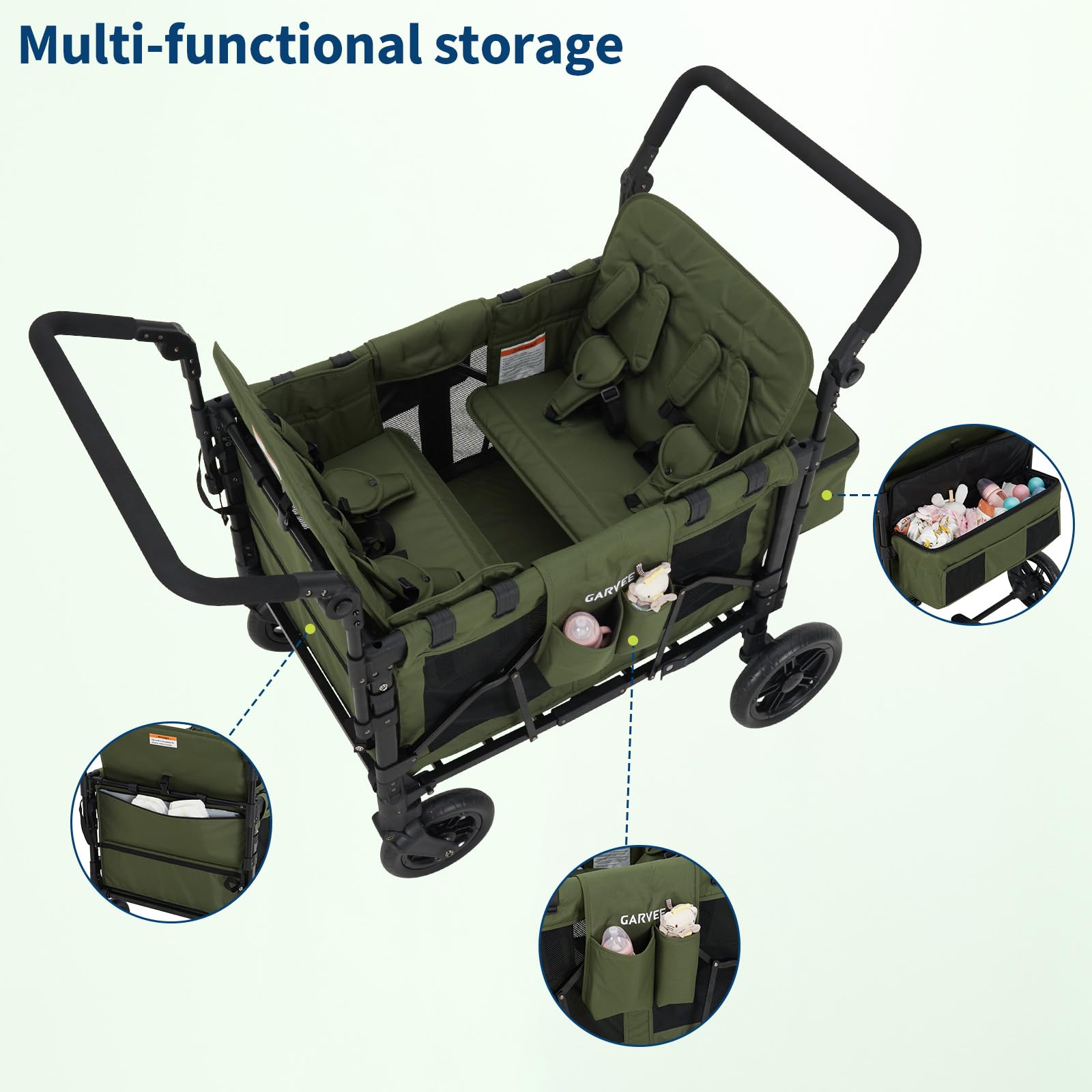 4 Seater Stroller Wagon All-Terrain Green with Safety Harness and Canopy
