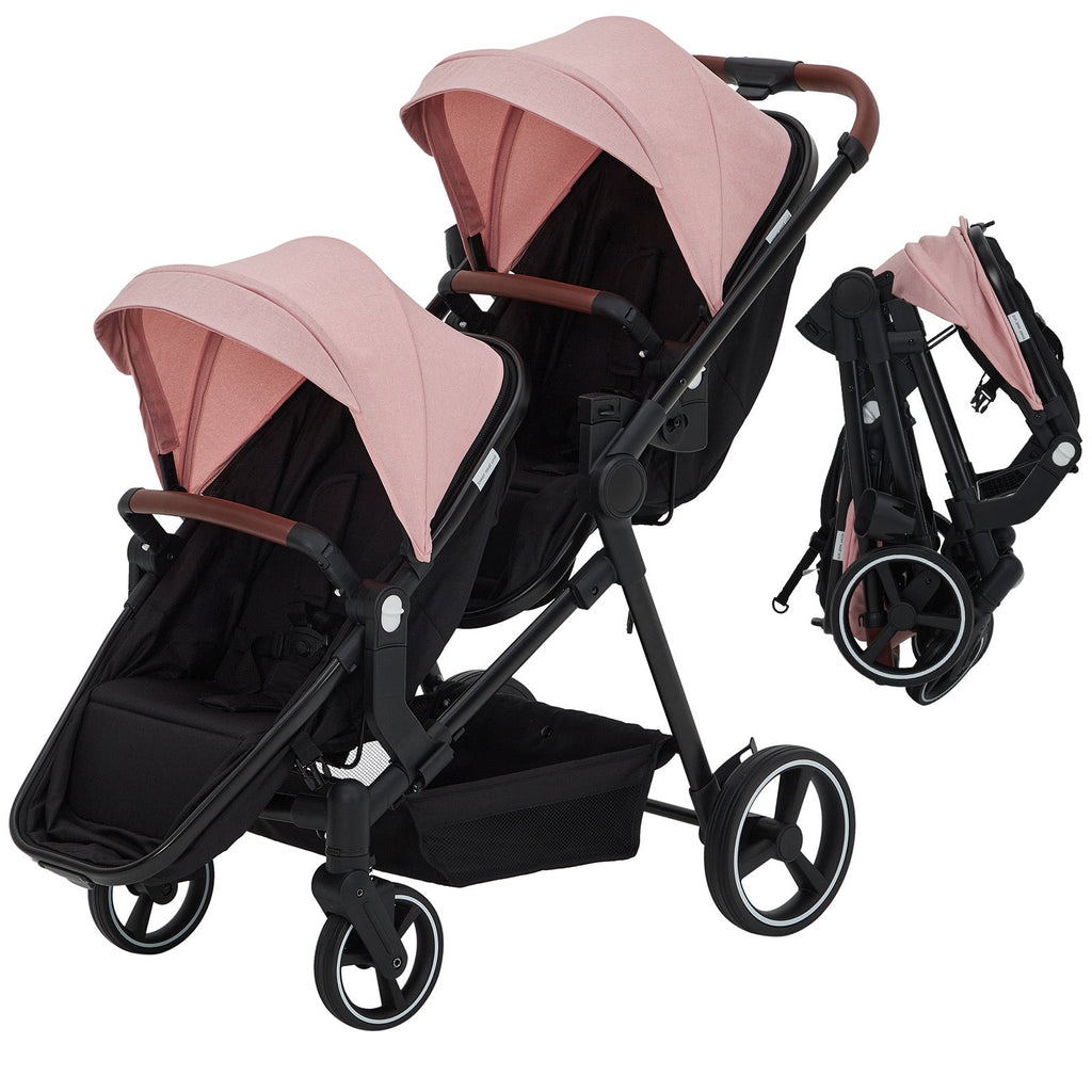 Foldable Double Baby Stroller Multi-Position Reversible Pink