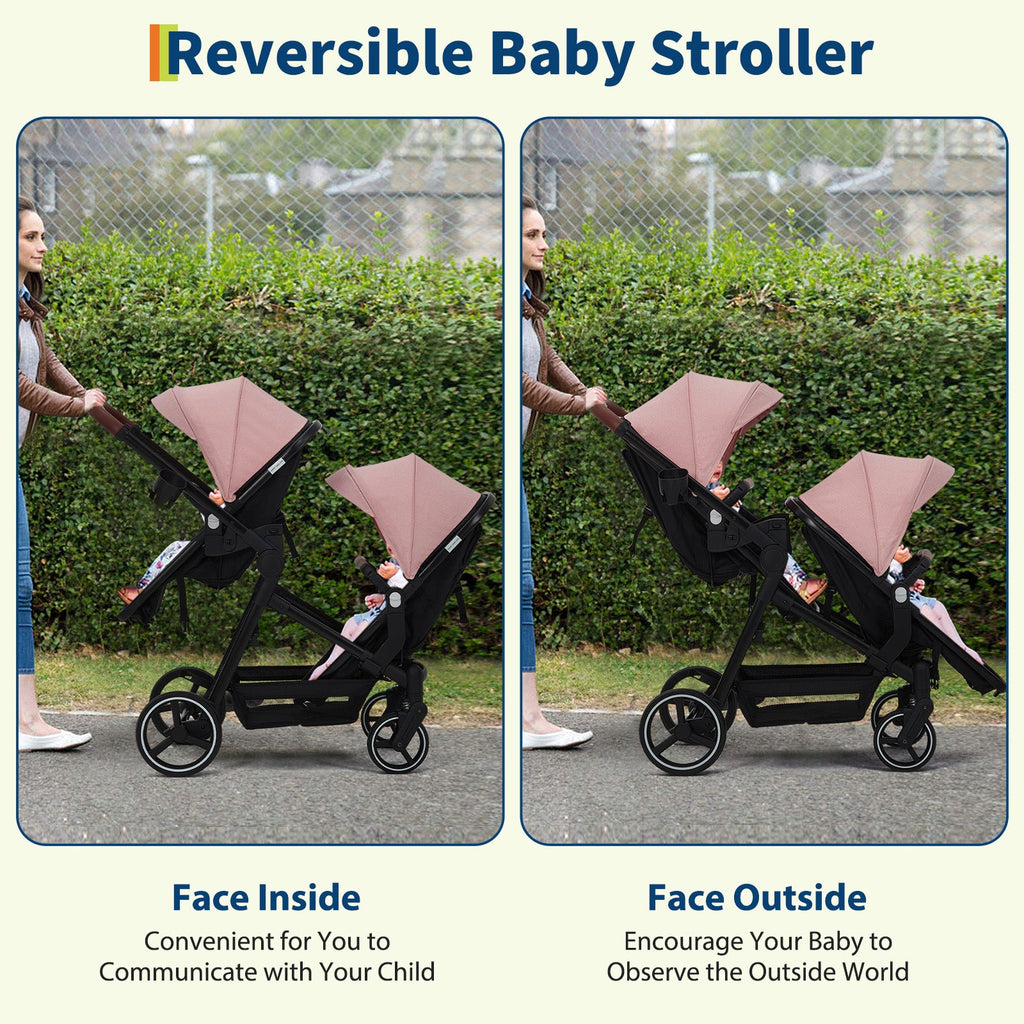 Foldable Double Baby Stroller Multi-Position Reversible Pink