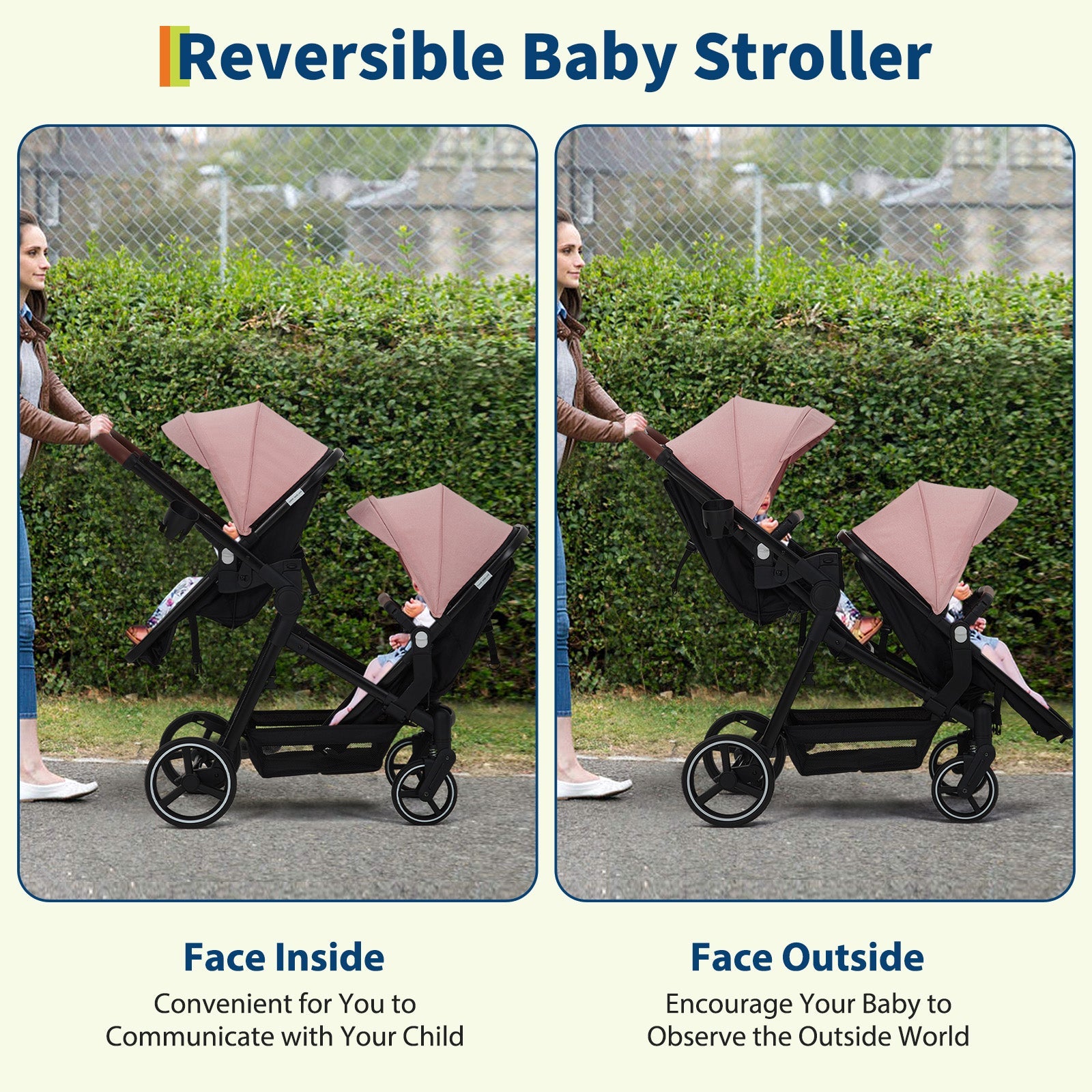Foldable Double Baby Stroller Multi-Position Reversible Pink