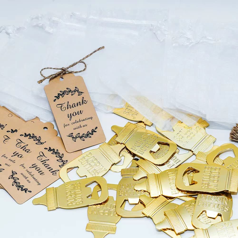 Gold Baby Bottle Opener Party Tokens 24pcs with Organza Bags
