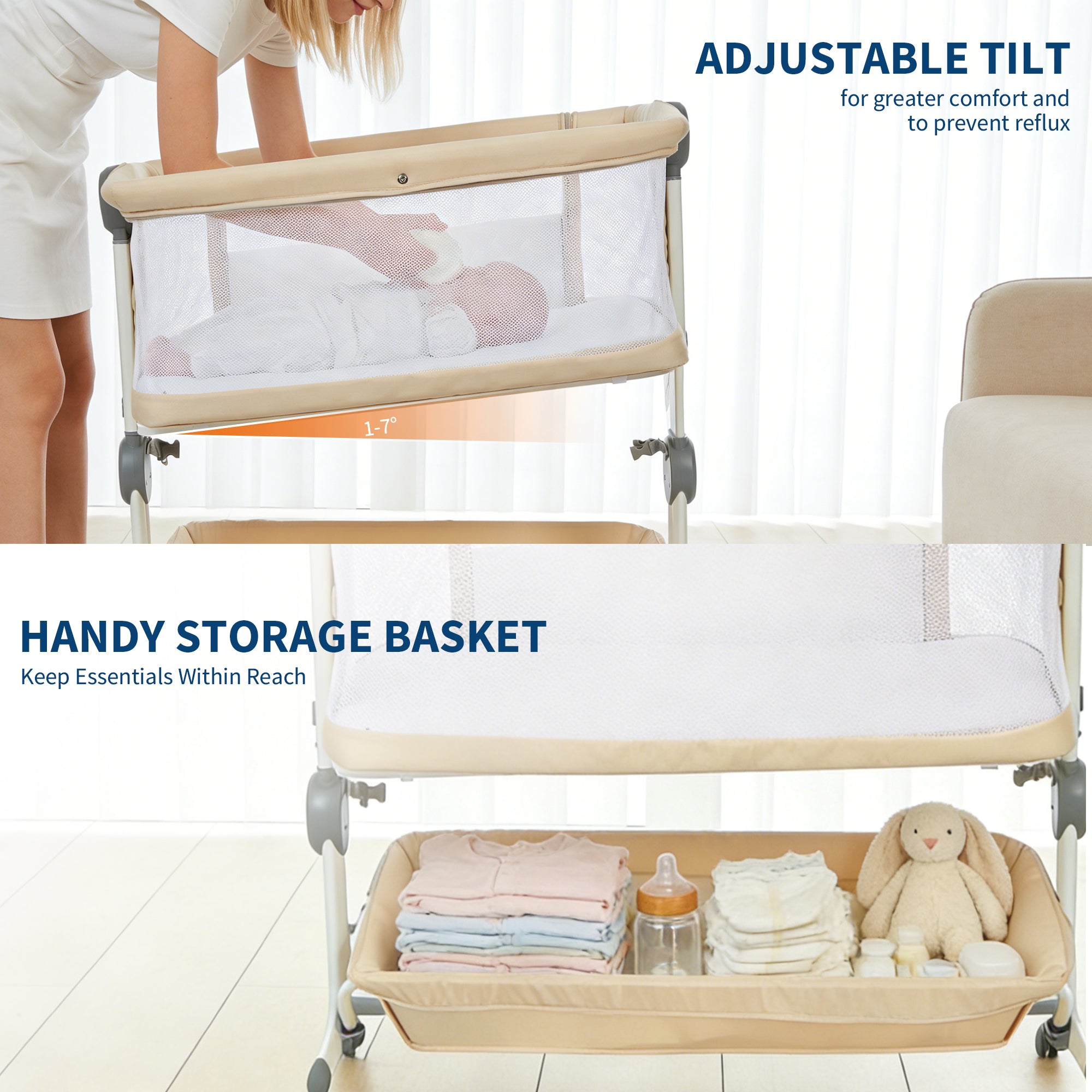 3-in-1 Portable Baby Bassinet Bedside Sleeper Khaki with Mosquito Net