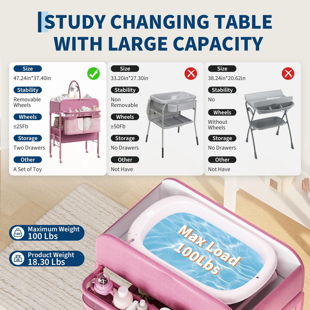 Portable Foldable Baby Changing Table with Storage Baskets Pink