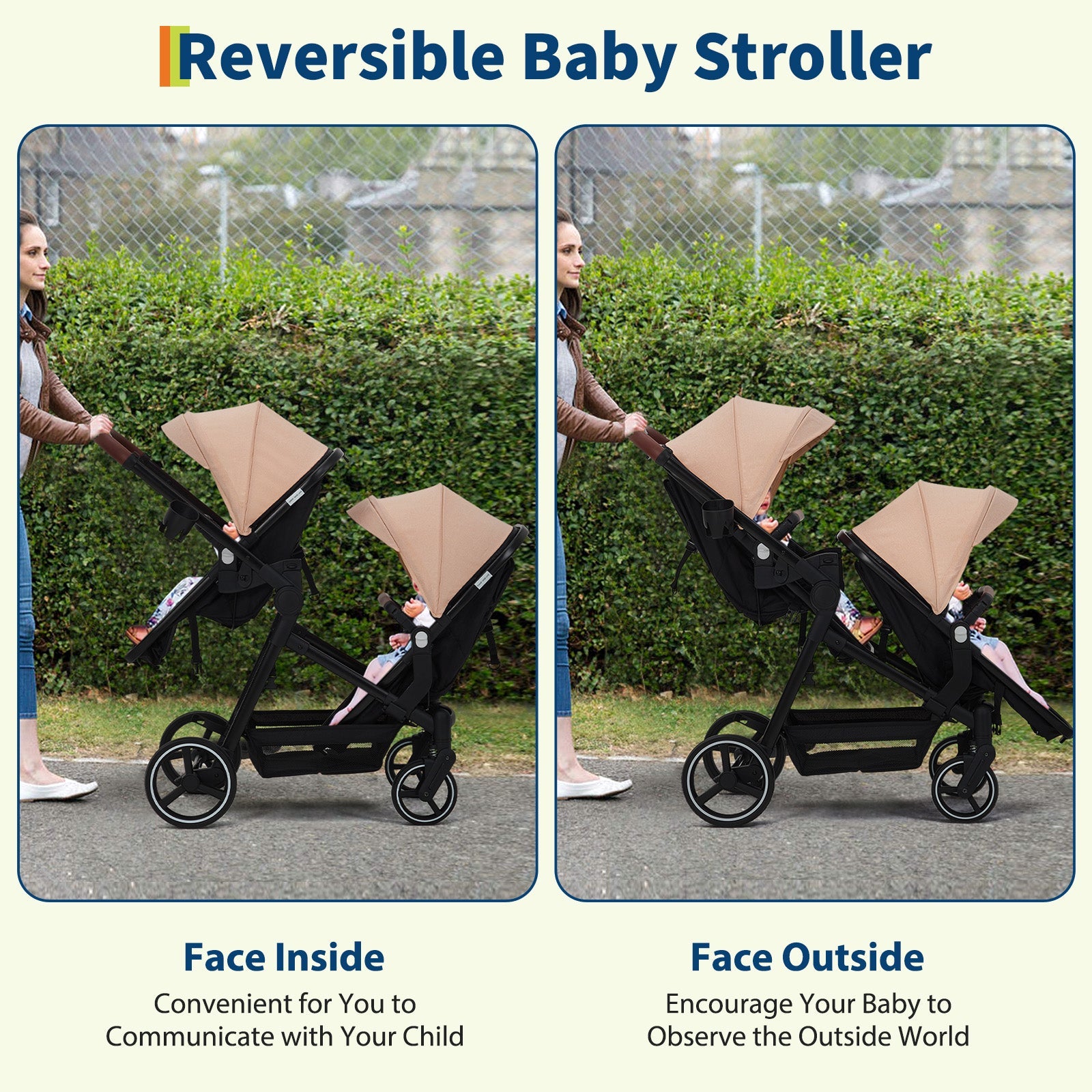 Foldable Double Baby Stroller Multi-Position Reversible Khaki