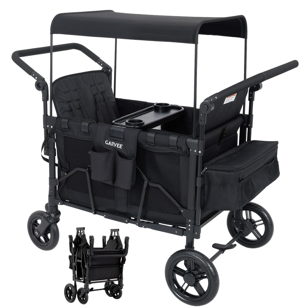 2-in-1 Foldable Double Stroller Wagon with Canopy Black