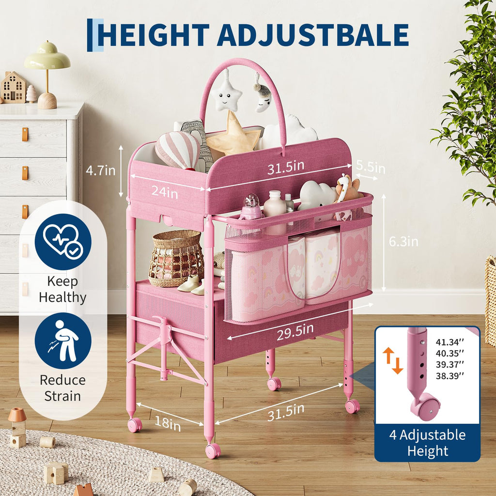 Portable Foldable Baby Changing Table with Storage Baskets Pink