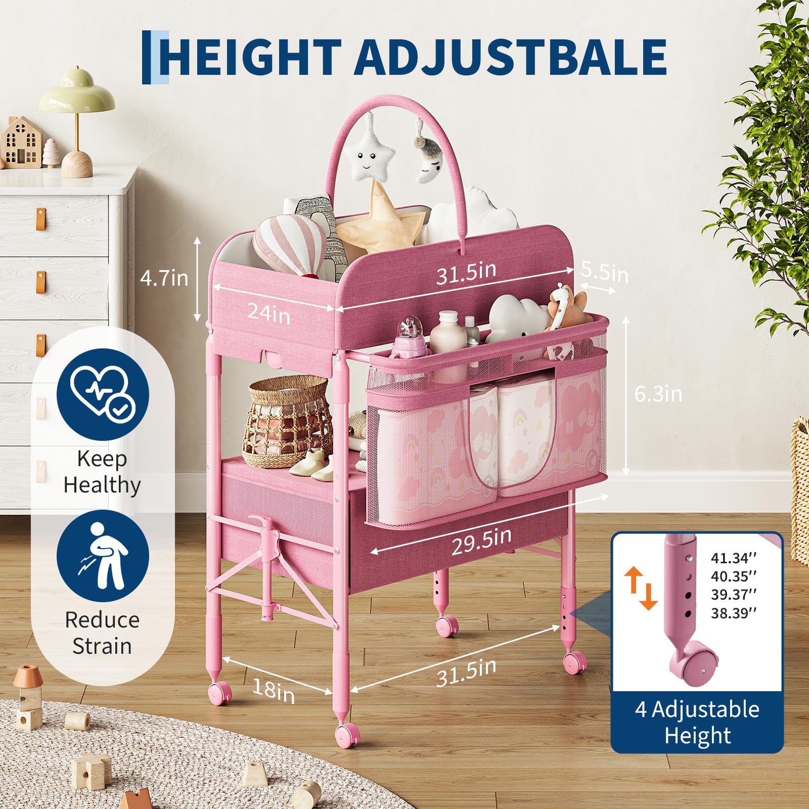 Portable Foldable Baby Changing Table with Storage Baskets Pink
