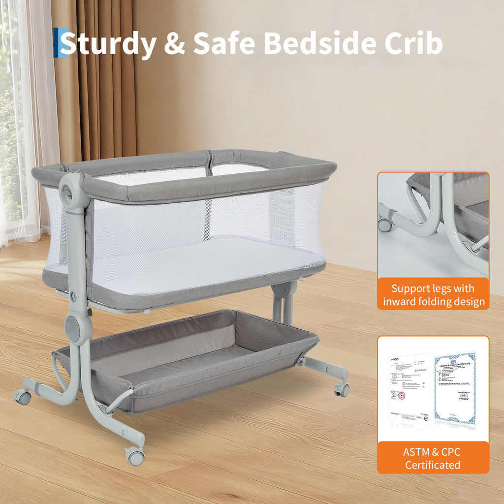 3-in-1 Portable Baby Bassinet Bedside Sleeper Light Grey