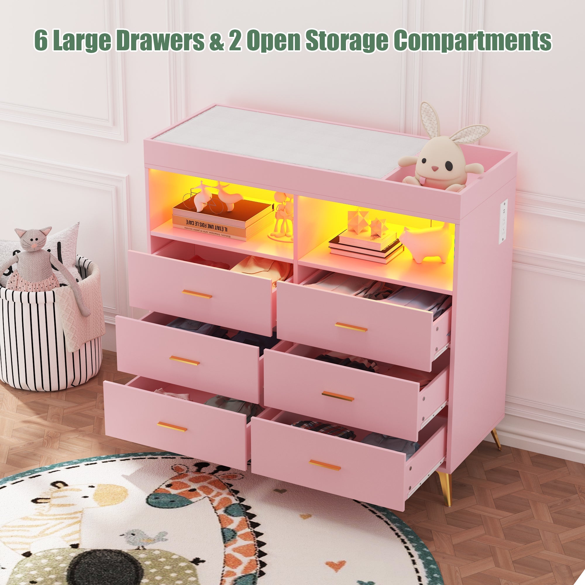 Modern Baby Changing Table Dresser with 6 Drawers Pink
