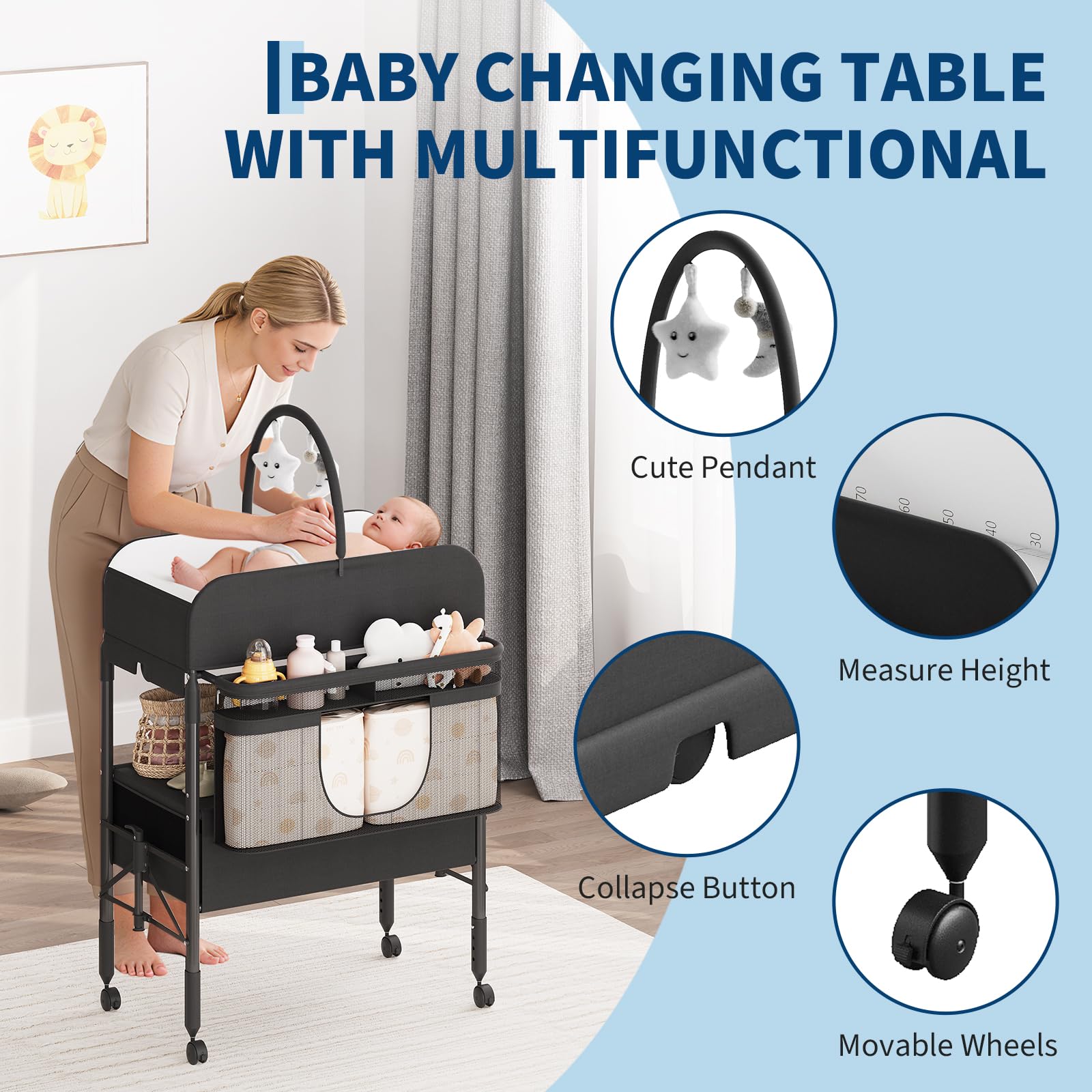 Portable Foldable Baby Changing Table with Storage Baskets Black