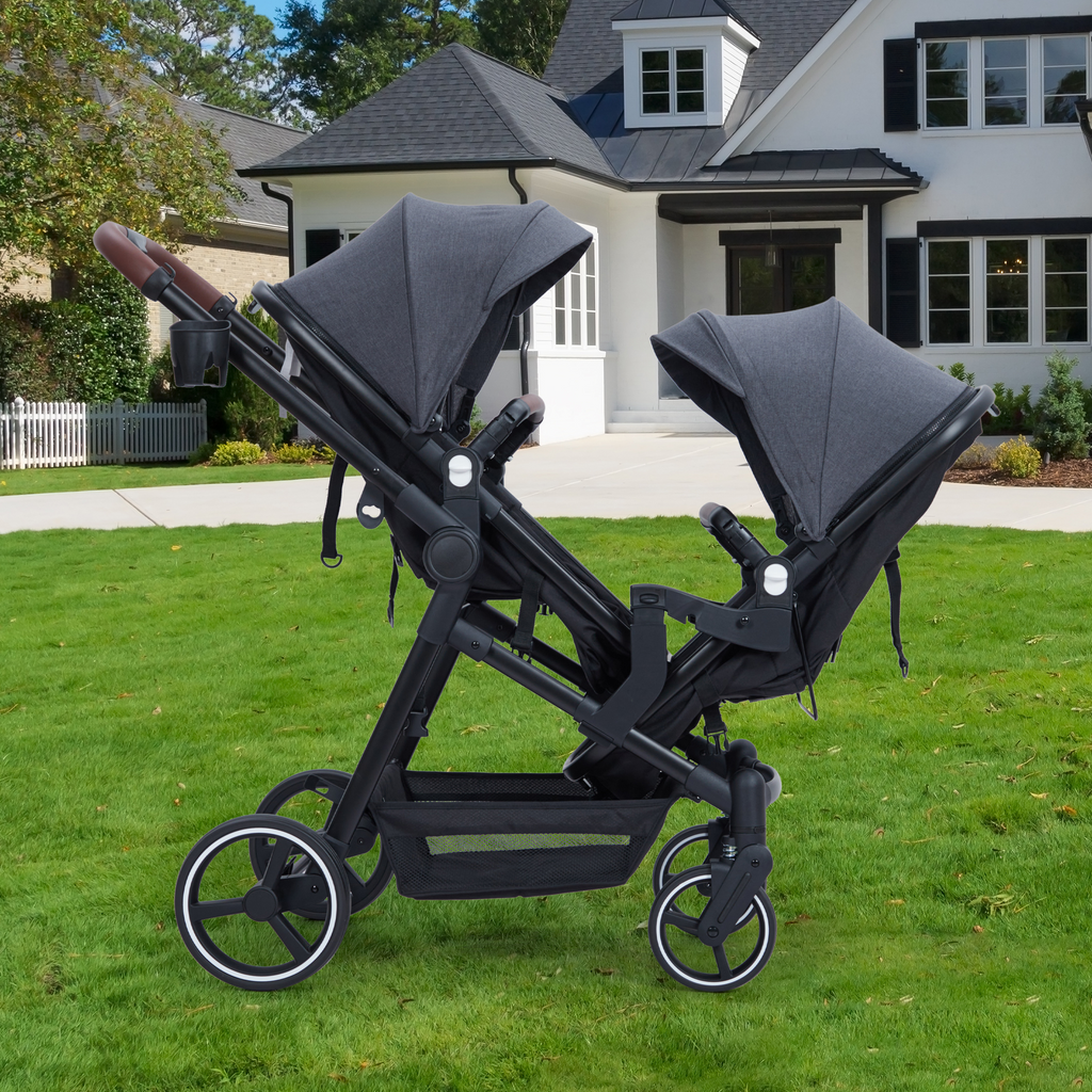 Foldable Double Baby Stroller Multi-Position Reversible Dark Grey